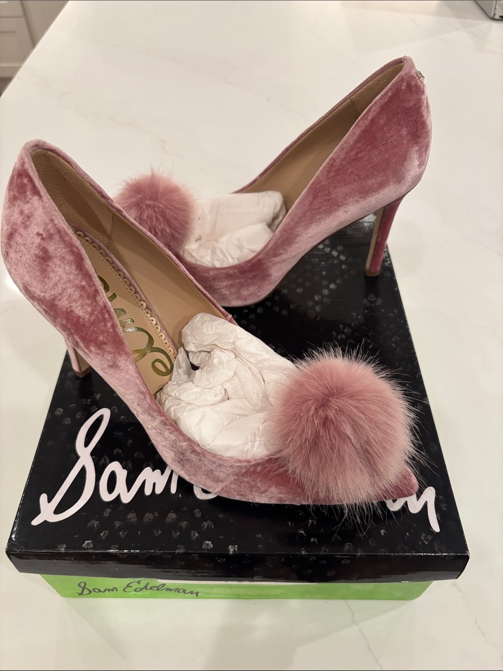 Sam Edelman Rose Pink Velvet Pom-Pom Stilettos